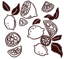 brown colored illustration with whole and sliced lemons