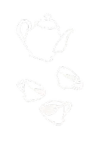 white colored illustration with outlined flowing teapot with three teacups